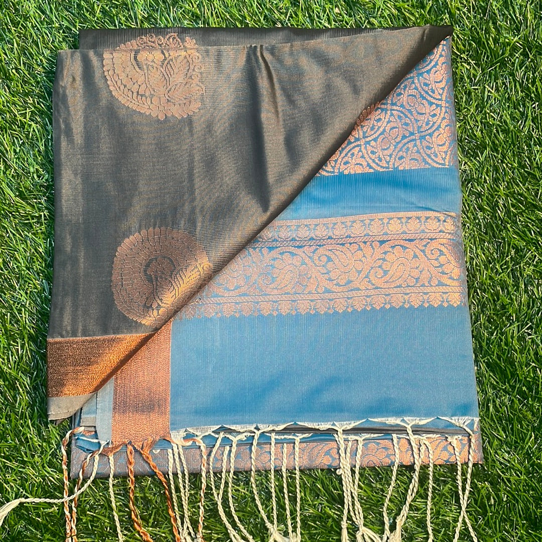 Kanjivaram Tissue Border Soft Silk Sarees (Grey Shade Brown and sea blue)