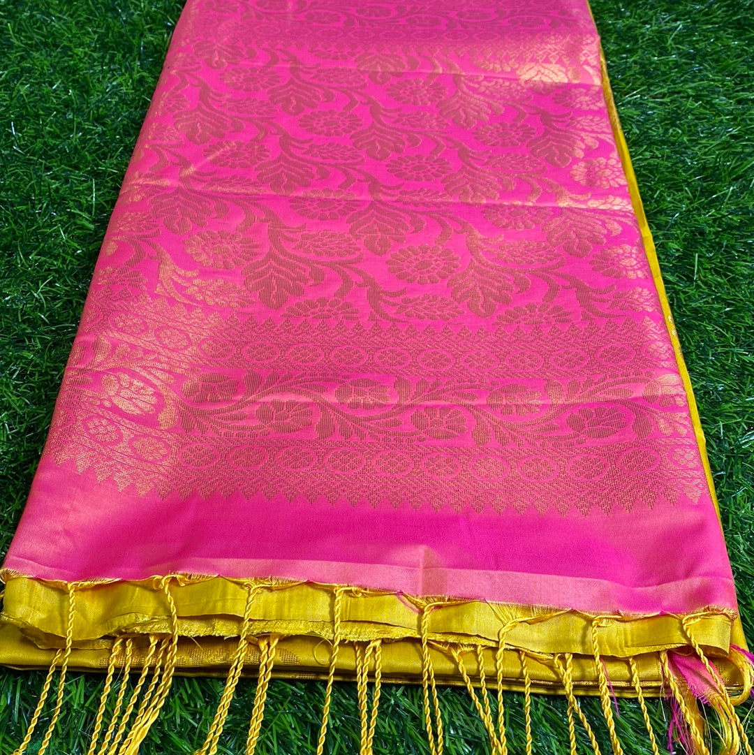 Kanjivaram Tissue Border Soft Silk Sarees (Yellow and Pink Colour)