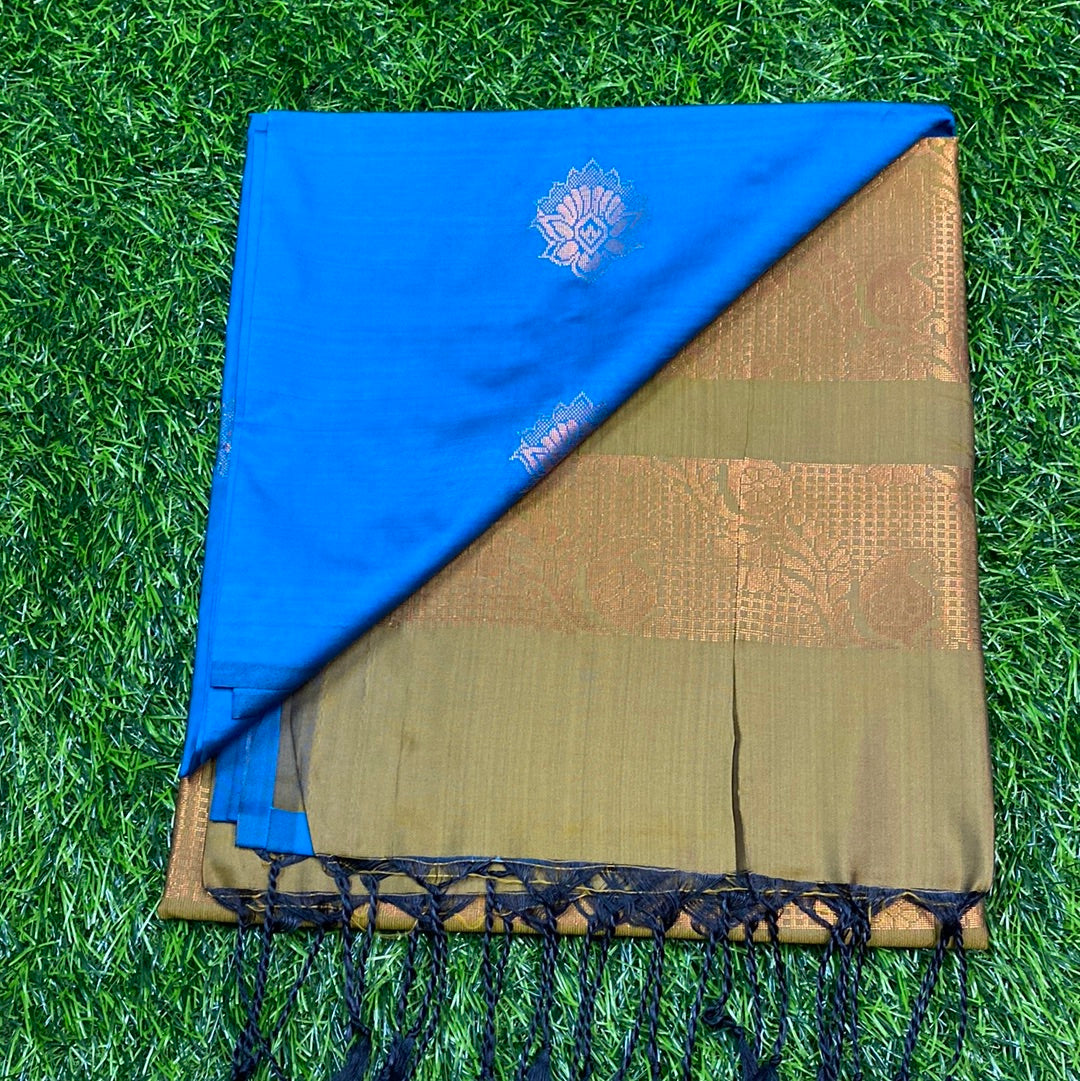 Kanjivaram Tissue Border Soft Silk Sarees (Blue and Mehandi Green Colour)