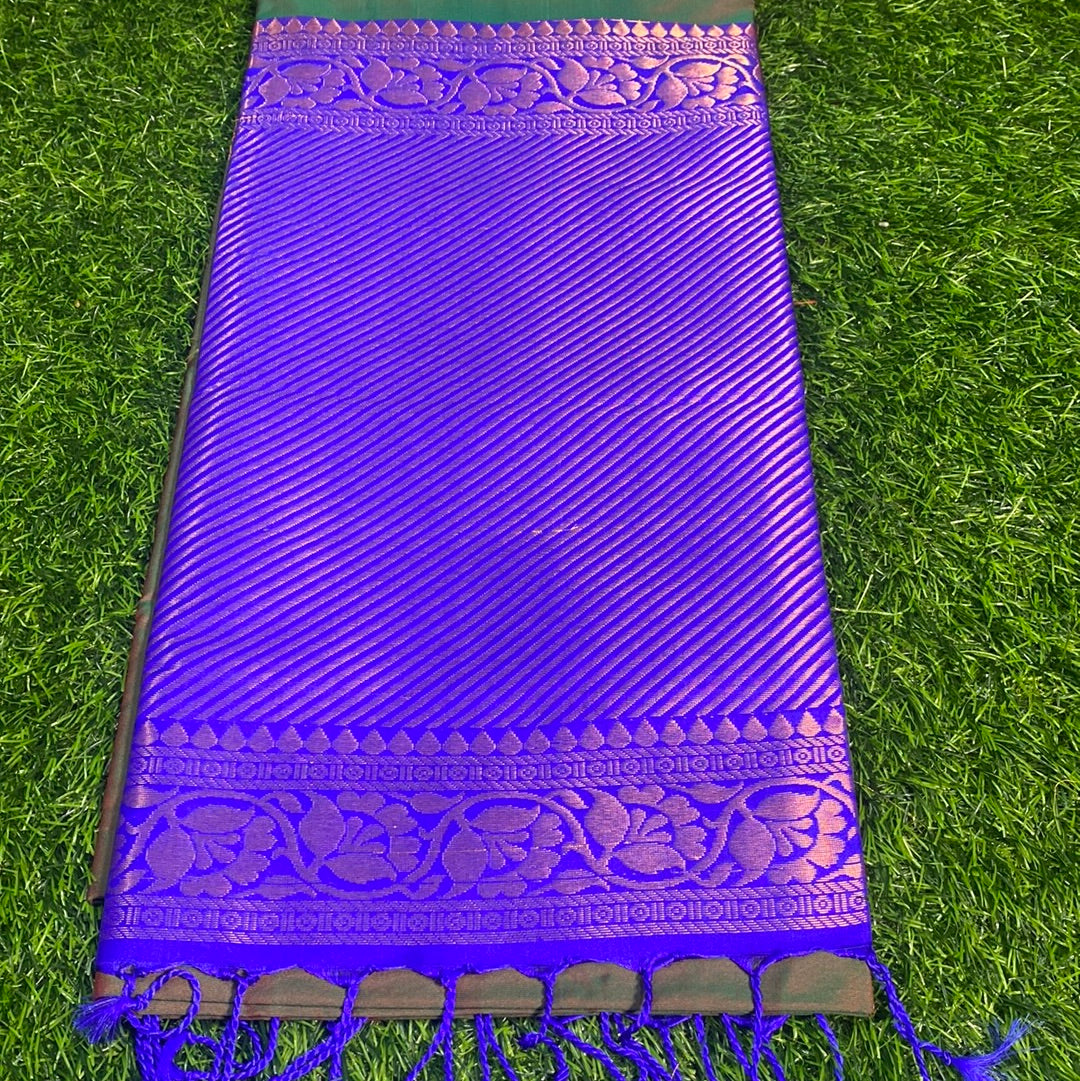 Kanjivaram Tissue Border Soft Silk Sarees (Mehandi Green and Roya Blue Colour)