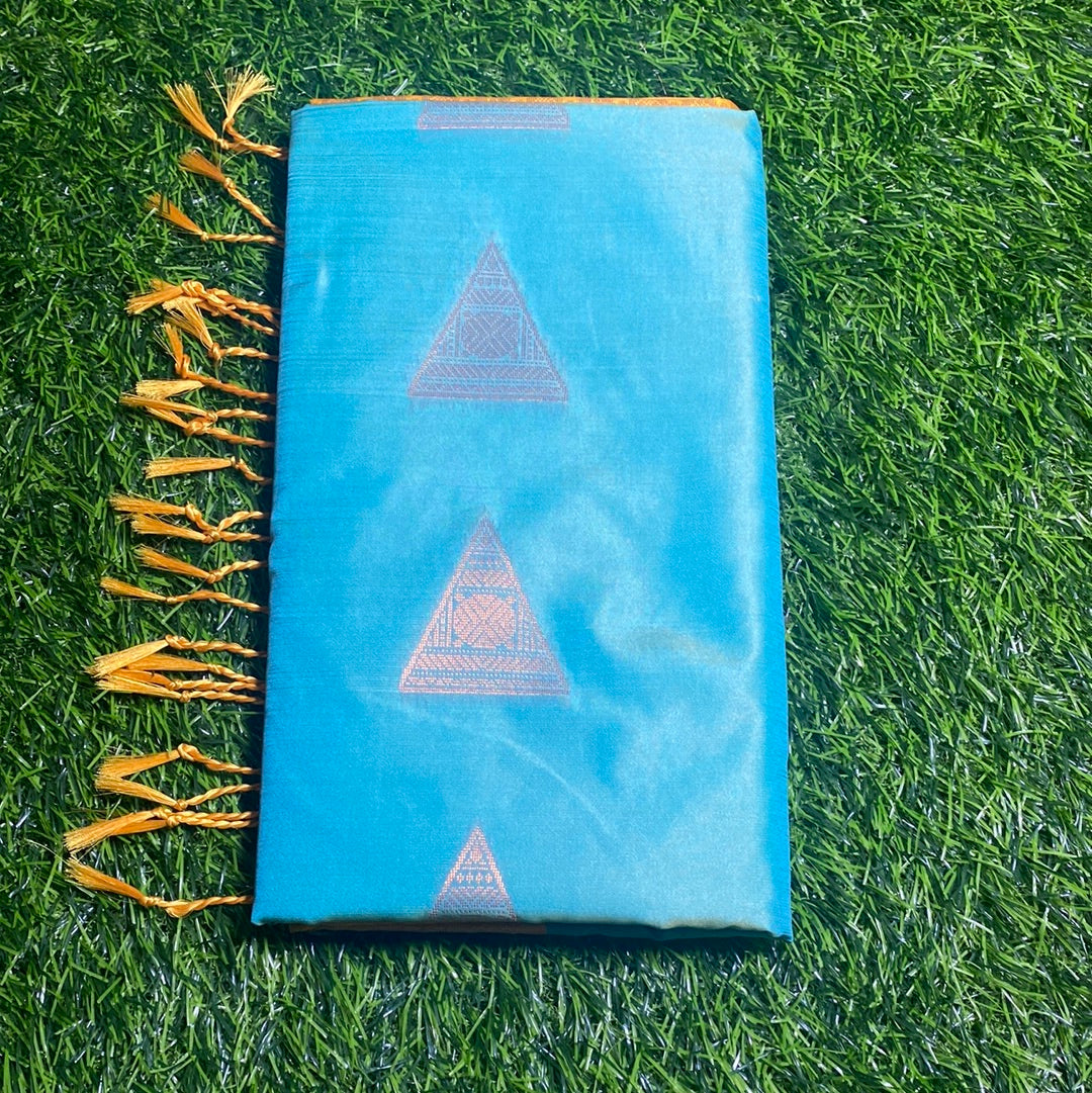 Kanjivaram Tissue Border Soft Silk Sarees (Sea Blue and Yellow Colour)