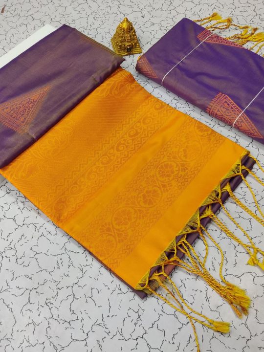 Kanjivaram Tissue Border Soft Silk Sarees (Purple & Yellow)