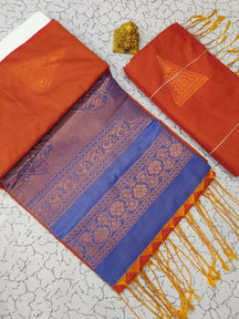Kanjivaram Tissue Border Soft Silk Sarees (Orange & Blue)