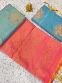 Kanjivaram Tissue Border Soft Silk Sarees (Sea Blue  and Pink)