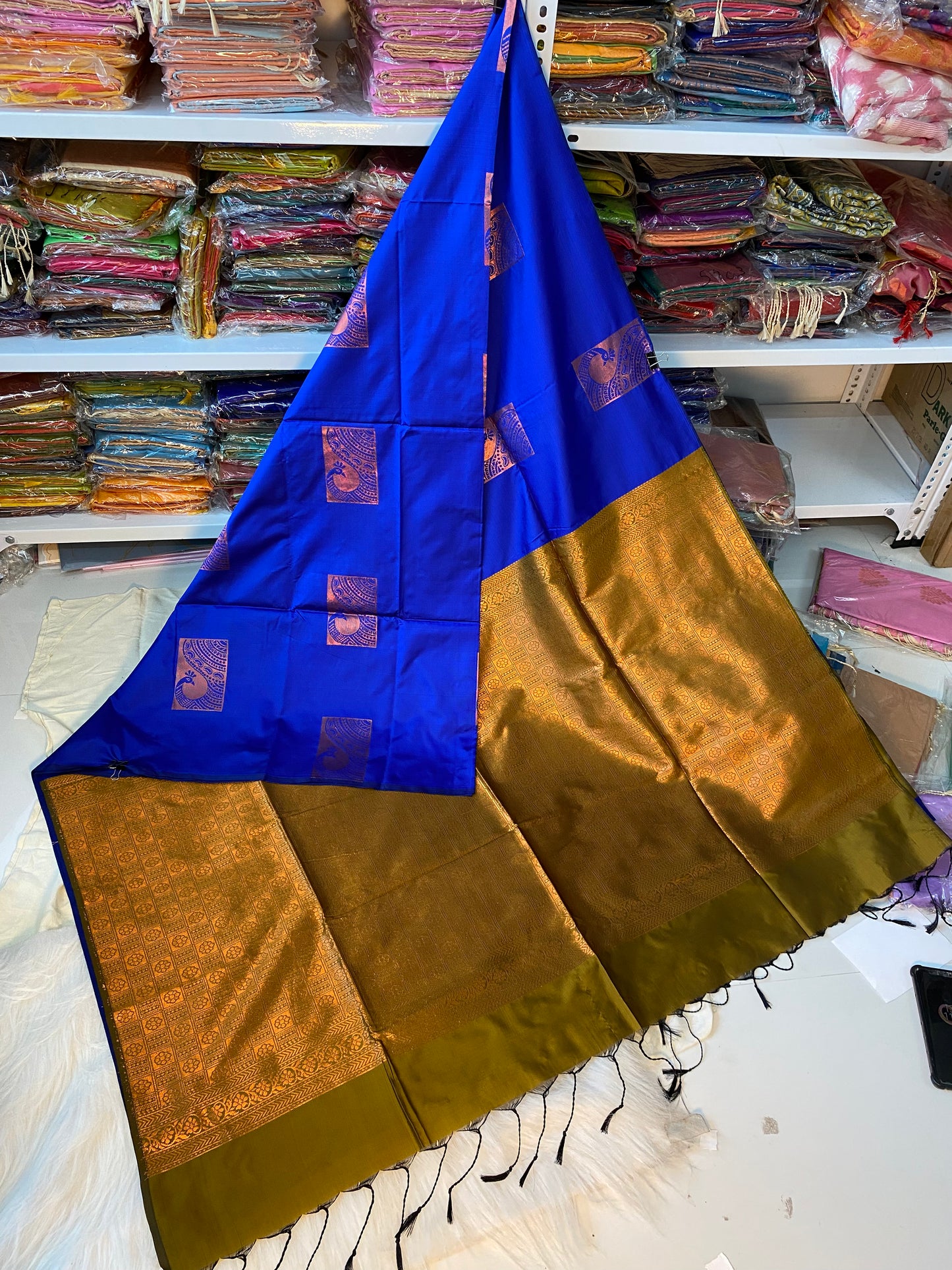 Kanjivaram Tissue Border Soft Silk Sarees (Royal Blue & Mustered Yellow)
