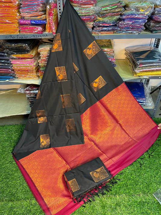 Kanjivaram Tissue Border Soft Silk Saree (Black & Maroon)