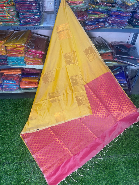 Kanjivaram Tissue Border Soft Silk Saree (Mustard Yellow & Pink)