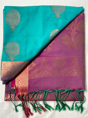 Kanjivaram Tissue Border Soft Silk Sarees (Sea Blue and Pink Colour)