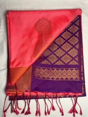 Kanjivaram Tissue Border Soft Silk Sarees (Peach and Purple Colour)