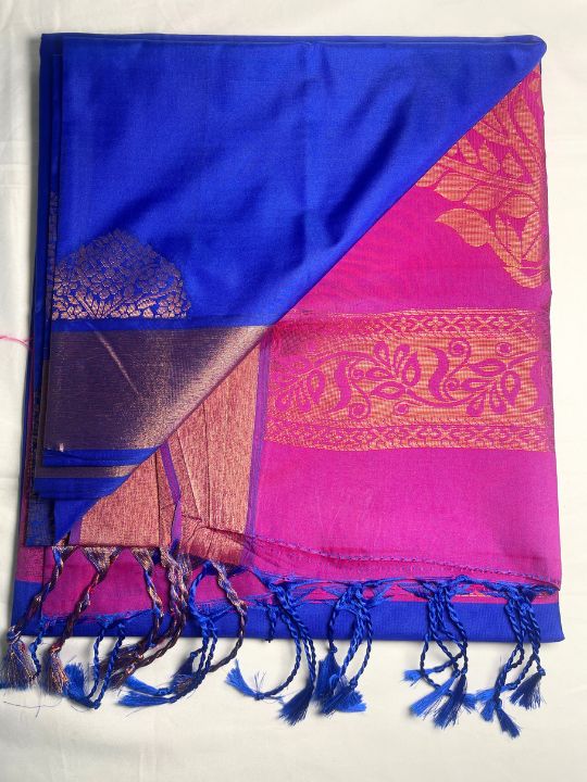 Kanjivaram Tissue Border Soft Silk Sarees (Navy Blue and Pink Colour)