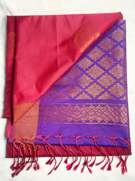 Kanjivaram Tissue Border Soft Silk Sarees (Tomato red and Purple Colour)