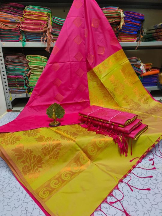 Kanjivaram Tissue Border Soft Silk Sarees (Pink and Apple Green)