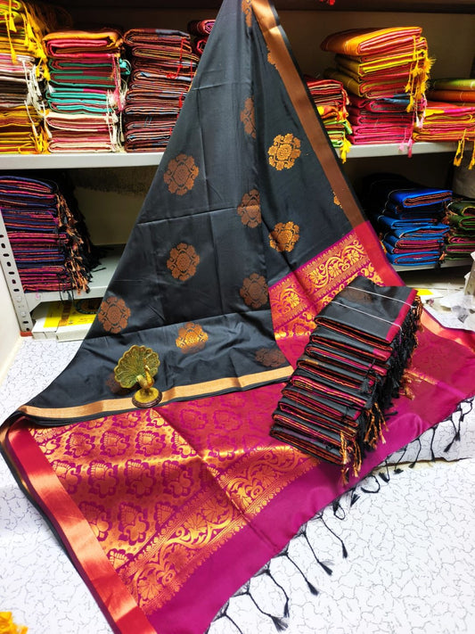 Kanjivaram Tissue Border Soft Silk Sarees (Black and Maroon Color)