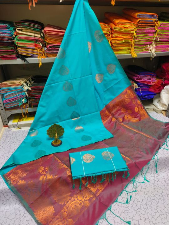 Kanjivaram Tissue Border Soft Silk Saree (Turquoise and Maroon Colour)