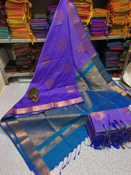 Kanjivaram Tissue Border Soft Silk Sarees (Purple and Sea Blue)