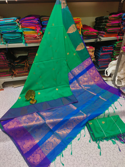 Kanjivaram Tissue Border Soft Silk Sarees (Green and Blue)