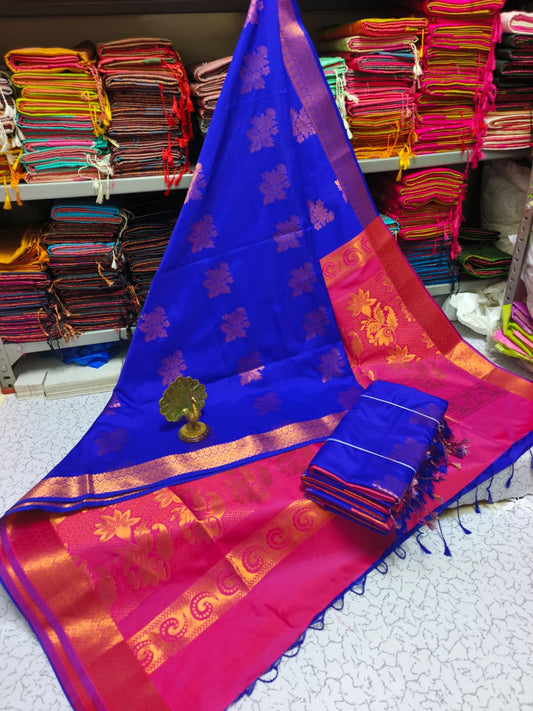 Kanjivaram Tissue Border Soft Silk Sarees (Royal Blue and Pink)