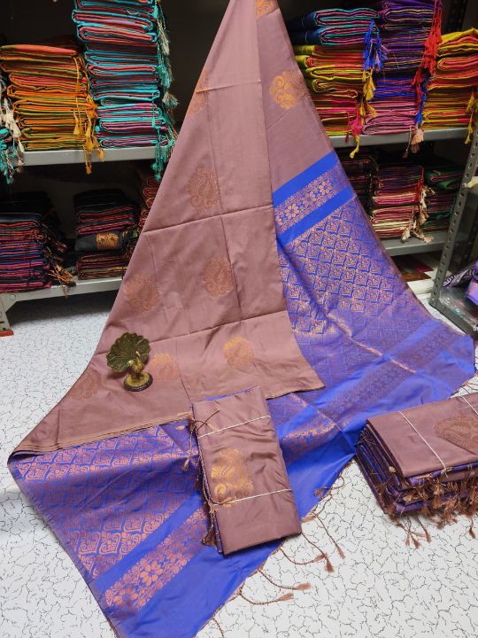 Kanjivaram Tissue Border Soft Silk Sarees (Rose Gold and Blue)