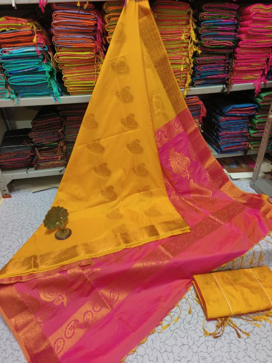 Kanjivaram Tissue Border Soft Silk Saree (Musterd Yellow & Pink)