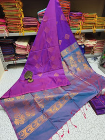 Kanjivaram Tissue Border Soft Silk Saree ( Purple & Sea Blue )