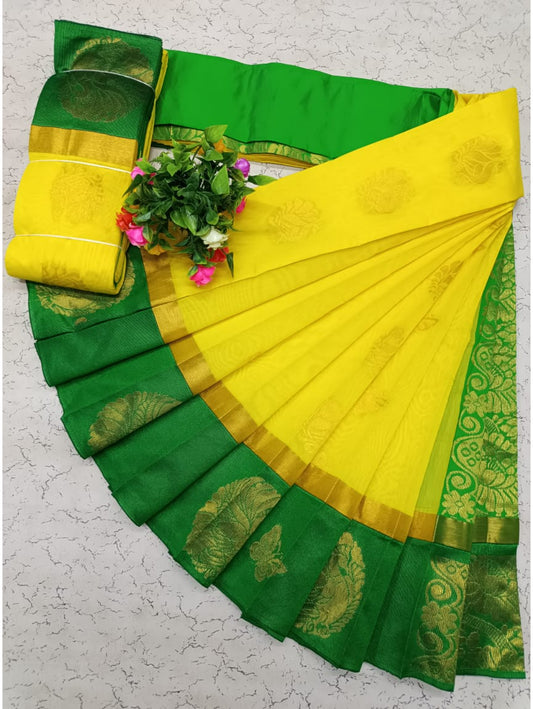 Jari Silk Cotton Saree (Yellow and Green color)
