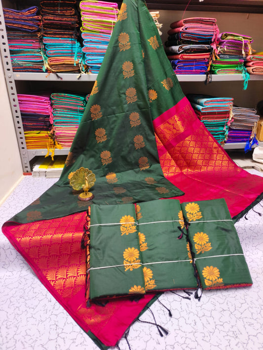 Kanjivaram Tissue Border Soft Silk Sarees (Green and RedPink)