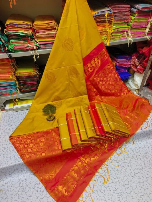 Kanjivaram Tissue Border Soft Silk Sarees (Mustard and Red)