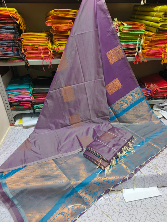 Kanjivaram Tissue Border Soft Silk Sarees (Violet and Blue)