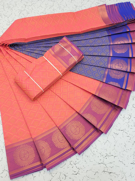 3D embossed silk sarees with contrast pallu (Orange and Blue)