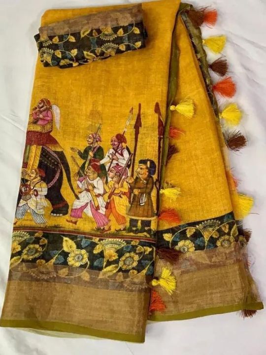Traditional Rajwadi Dolly Unique Design Soft Linen Saree Musterd Color