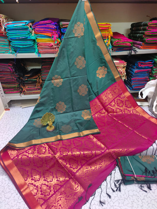 Kanjivaram Tissue Border Soft Silk Sarees (Green and Pink Colour)