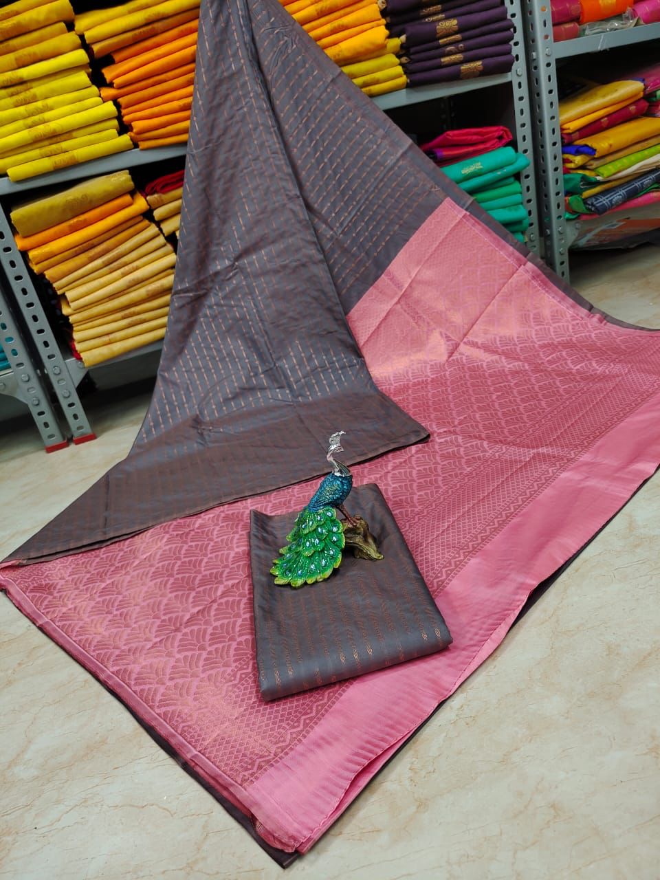 Kanjivaram Tissue Border Soft Silk Saree (Greay and Pink Colour)