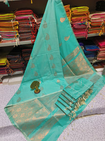 Kanjivaram Tissue Border Soft Silk Saree (Sea Blue and Gold)