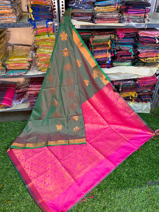 Kanjivaram Tissue Border Soft Silk Saree ( Green & Pink )