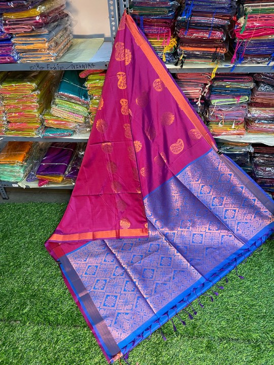 Kanjivaram Tissue 2 inch Border Soft Silk Saree (Dark Pink & Blue)