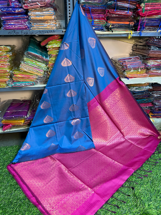 Kanjivaram Tissue Border Soft Silk Saree ( Blue & Pink )