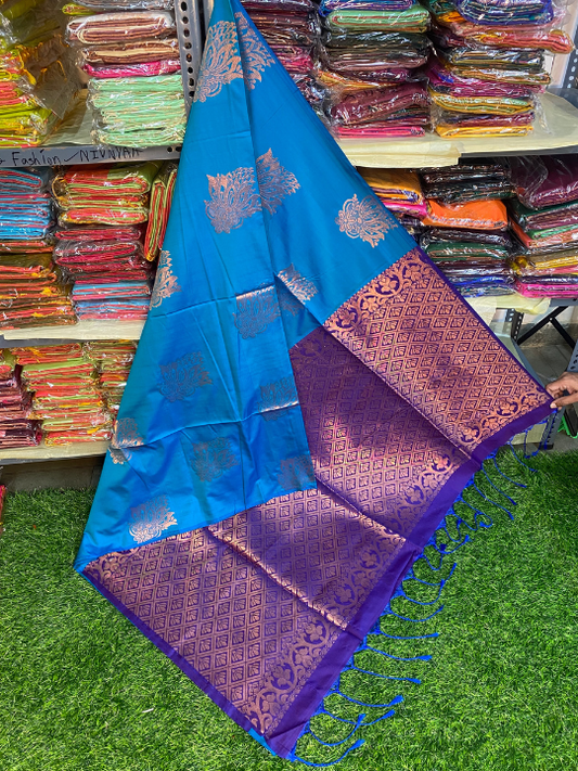 Kanjivaram Tissue Border Soft Silk Saree (Blue & Dark Blue)