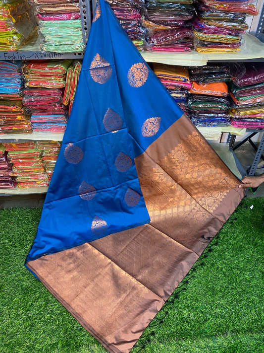 Kanjivaram Tissue Border Soft Silk Saree (Blue & Light Brown)