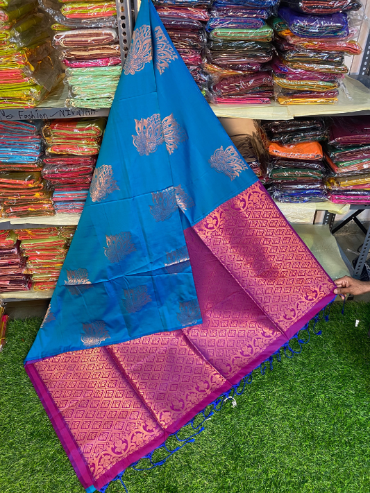 Kanjivaram Tissue Border Soft Silk Saree (Blue & Pink)