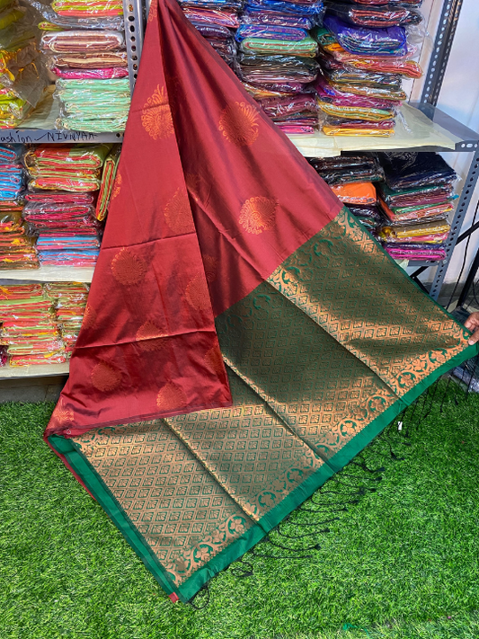 Kanjivaram Tissue Border Soft Silk Saree (Brown & Green)