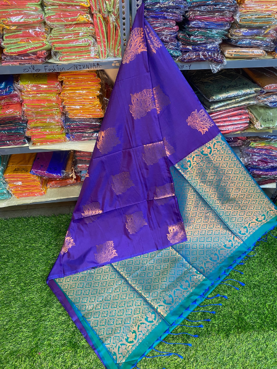 Kanjivaram Tissue Border Soft Silk Saree (Royal Blue & Sea Green)