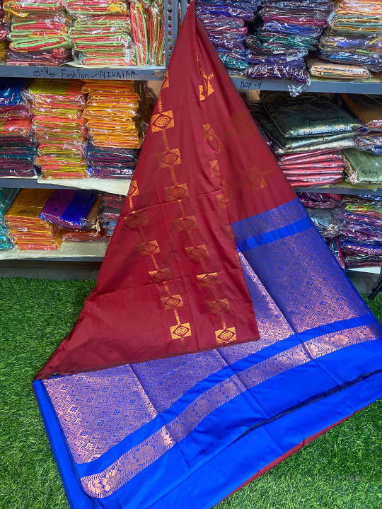 Kanjivaram Tissue Border Soft Silk Saree (Maroon & Blue)