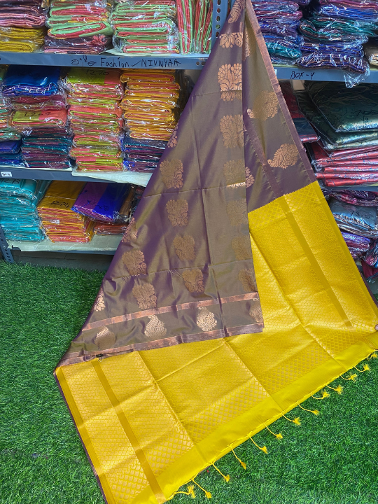 Kanjivaram Tissue Border Soft Silk Saree (Brown & Yellow)