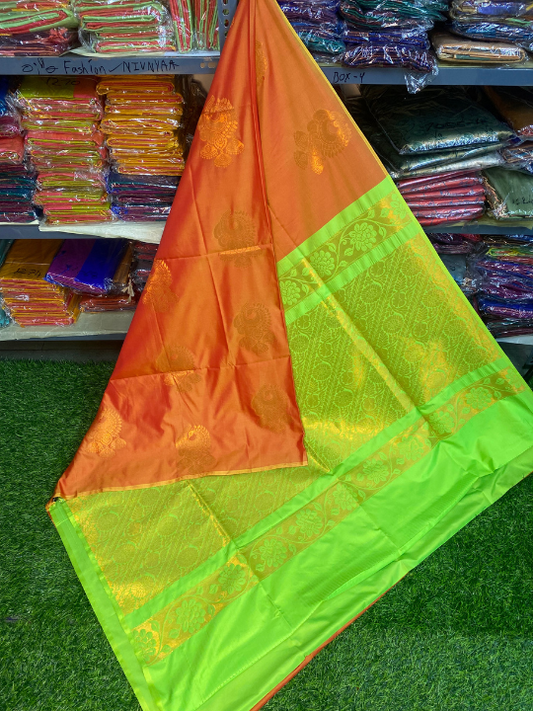 Kanjivaram Tissue Border Soft Silk Saree (Orange & Green)
