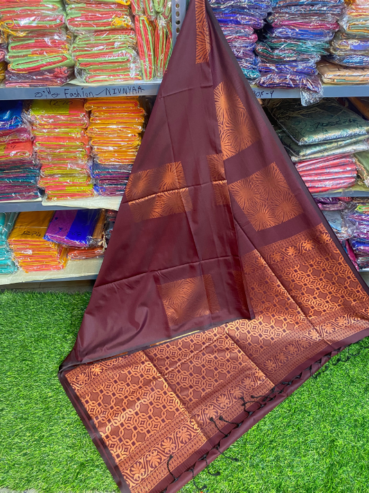 Kanjivaram Tissue Border Soft Silk Saree (Brown)
