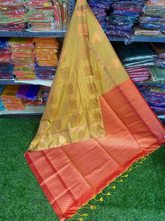 Kanjivaram Tissue Border Soft Silk Saree (Mustrad Yellow & Orange)