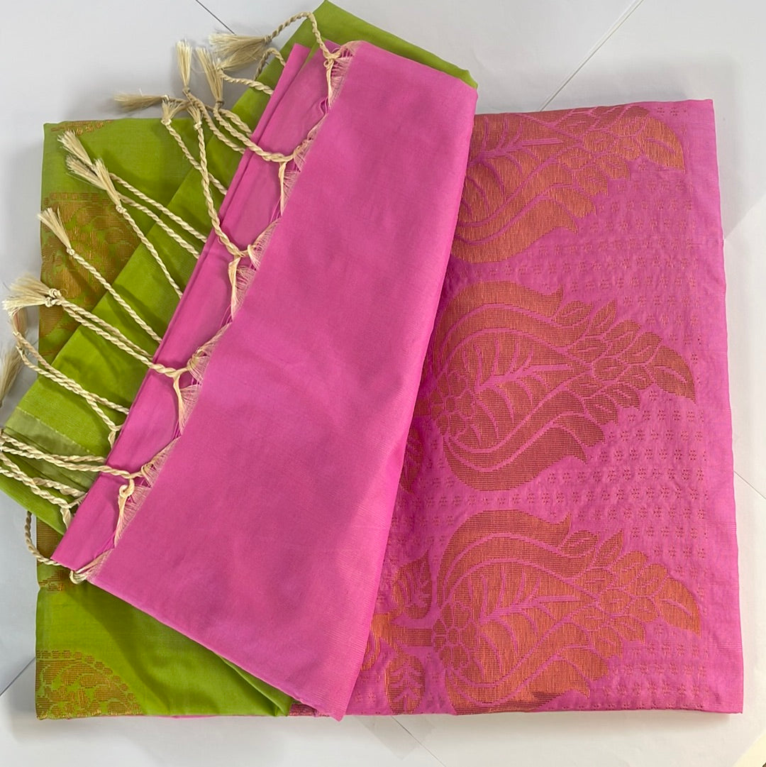 Kanjivaram Tissue Border Soft Silk Sarees (Soft Green with Pink)