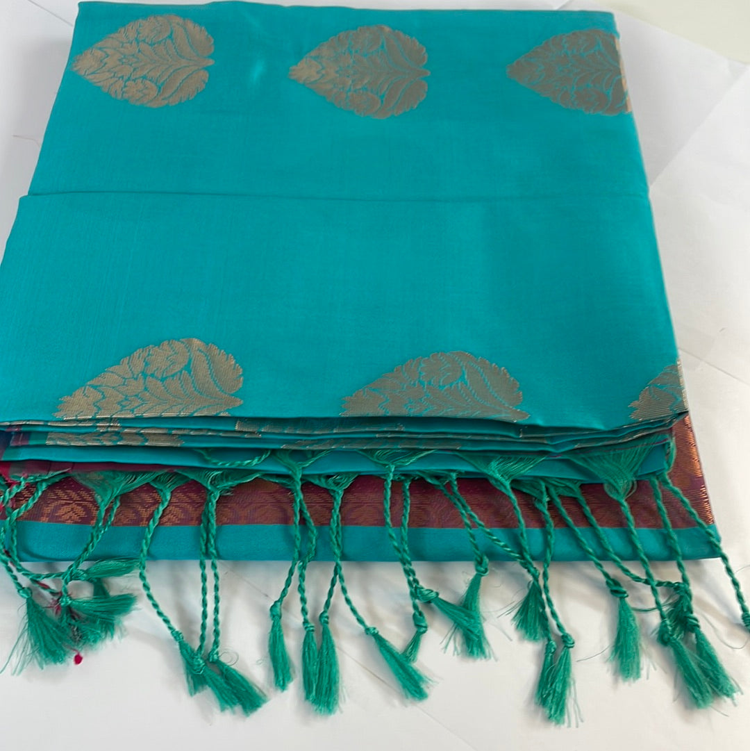 Kanjivaram Tissue Border Soft Silk Sarees (Soft Sea Blue and Red Color)