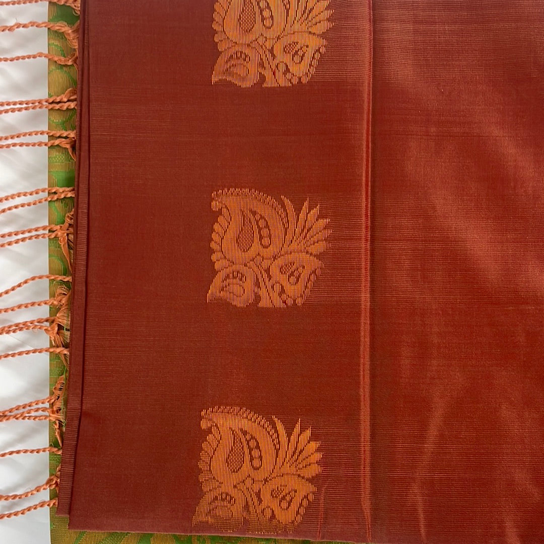 Kanjivaram Tissue Border Soft Silk Sarees (Brown and Green)