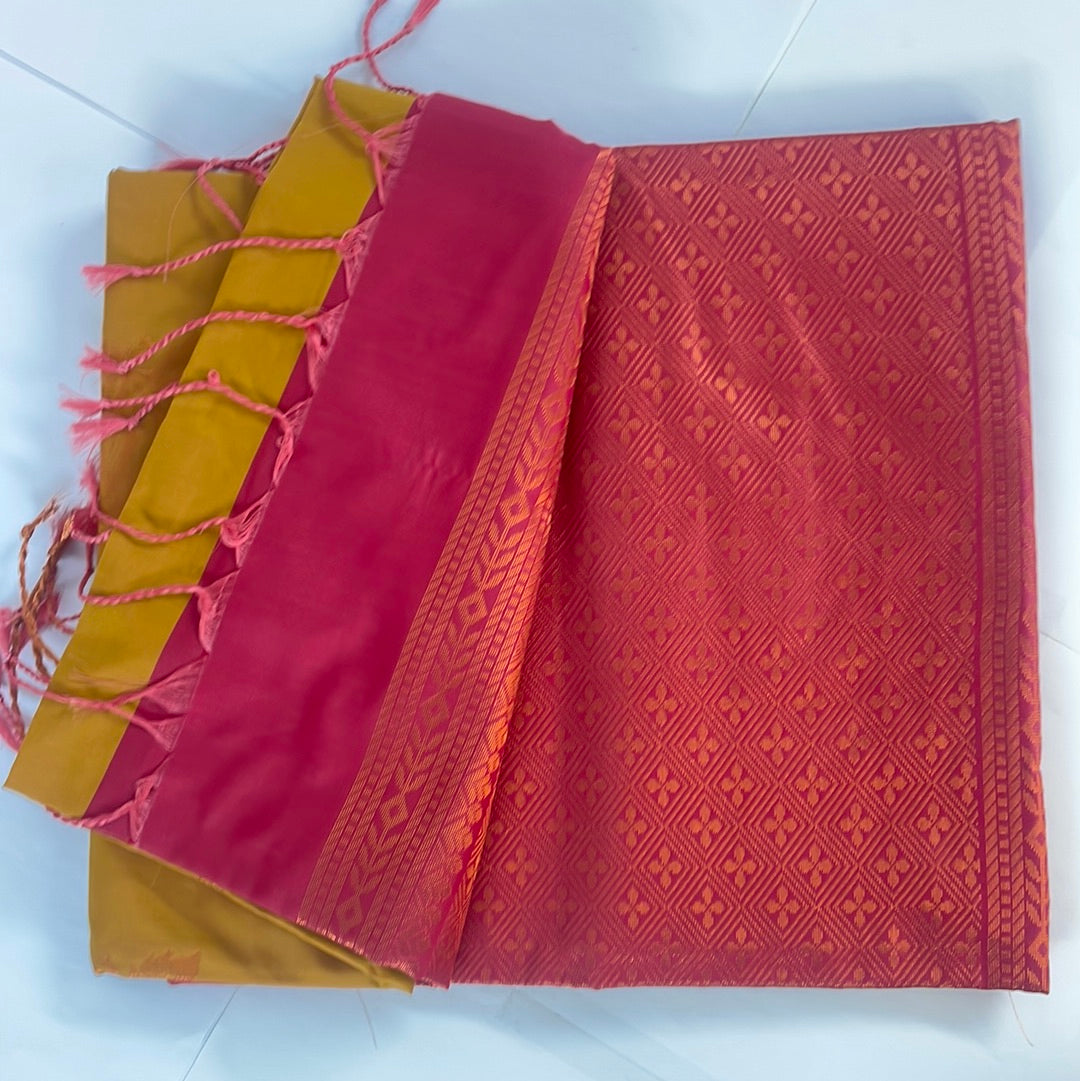 Kanjivaram Tissue Border Soft Silk Sarees (Mustard and Red)